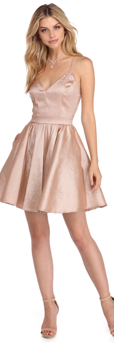 Cheyenne Taffeta Skater Dress is a gorgeous pick as your 2024 prom dress or formal gown for wedding guests, spring bridesmaids, or army ball attire!
