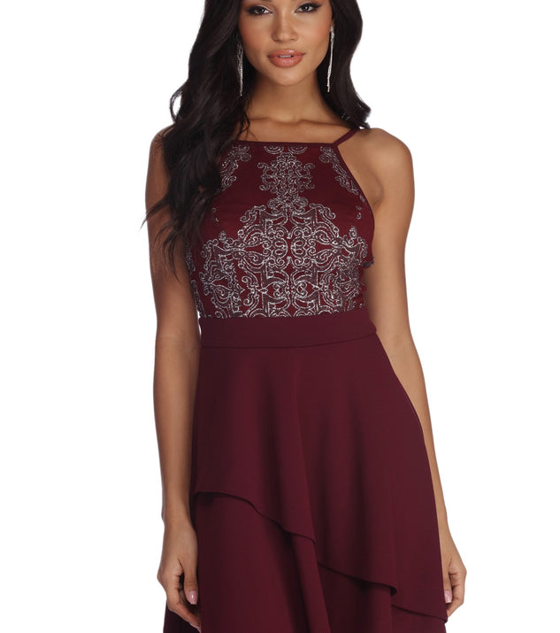 The Kairi Formal Scroll Print Mini Dress is a gorgeous pick as your 2023 prom dress or formal gown for wedding guest, spring bridesmaid, or army ball attire!