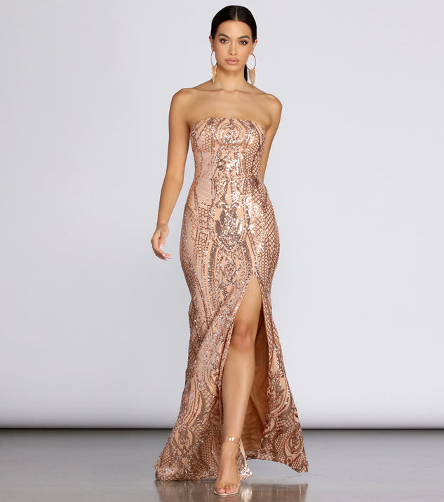The Ines Strapless Sequin Slit Gown is a gorgeous pick as your 2023 prom dress or formal gown for wedding guest, spring bridesmaid, or army ball attire!