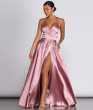 The Ellie Formal Satin High Slit Dress is a gorgeous pick as your 2023 prom dress or formal gown for wedding guest, spring bridesmaid, or army ball attire!