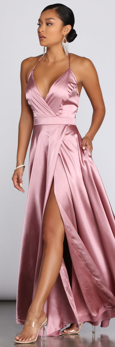 The Ellie Formal Satin High Slit Dress is a gorgeous pick as your 2023 prom dress or formal gown for wedding guest, spring bridesmaid, or army ball attire!