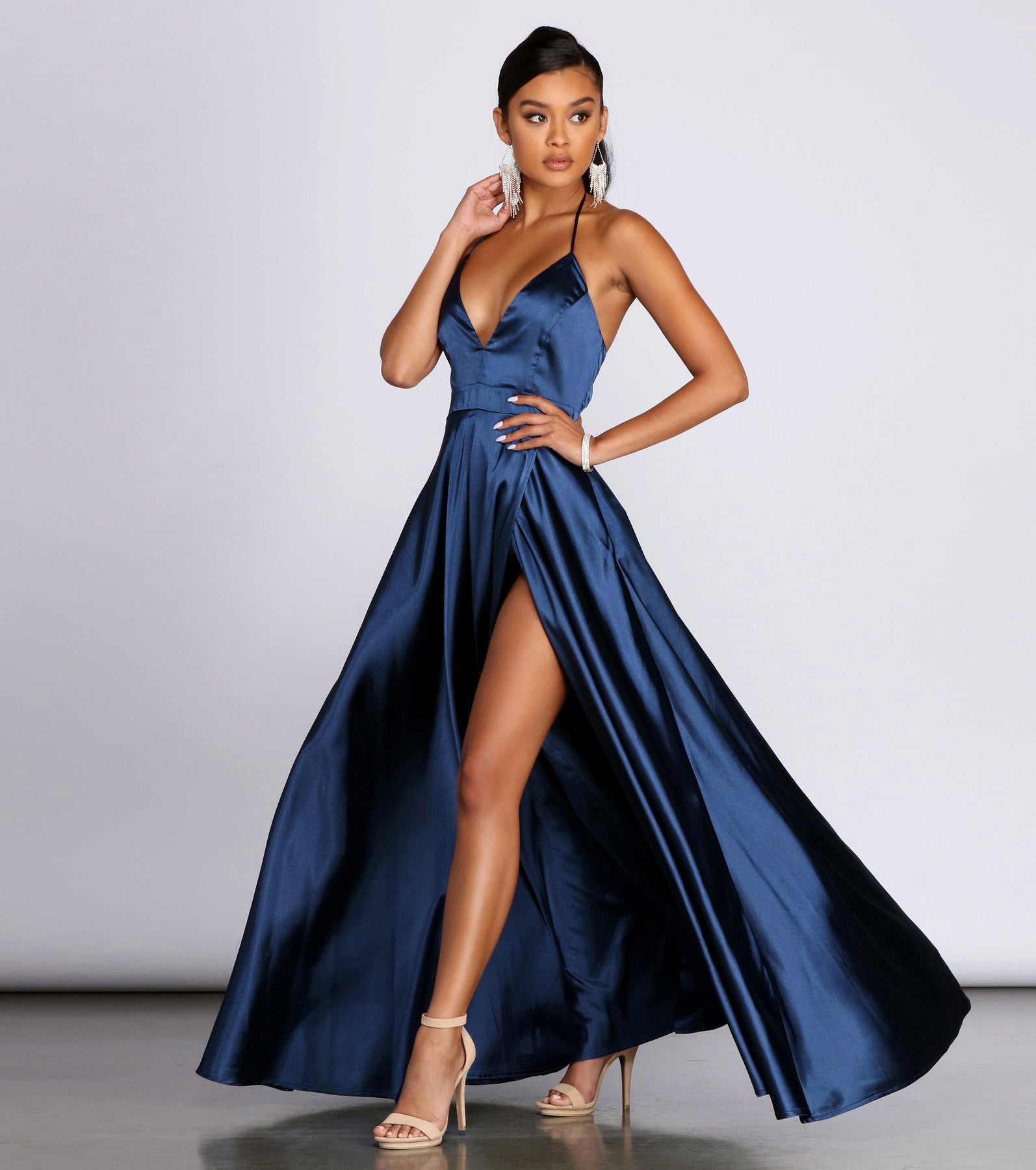 Ellie Formal Satin High Slit Dress & Windsor