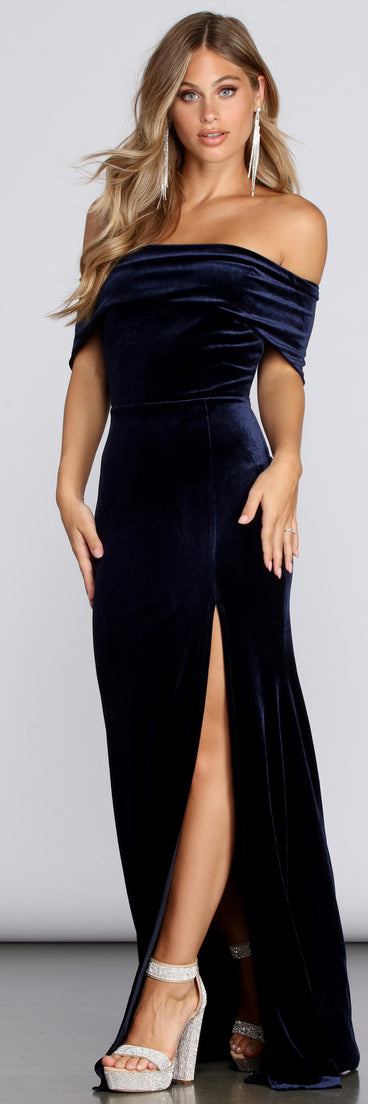 Christen Velvet Off The Shoulder Formal Dress creates the perfect summer wedding guest dress or cocktail party dresss with stylish details in the latest trends for 2023!