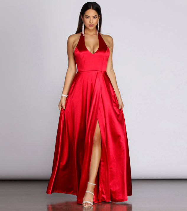 Hazel Formal Halter Satin Dress creates the perfect summer wedding guest dress or cocktail party dresss with stylish details in the latest trends for 2023!