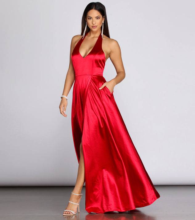 Hazel Formal Halter Satin Dress creates the perfect summer wedding guest dress or cocktail party dresss with stylish details in the latest trends for 2023!