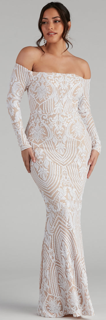 Sierra Sequin Off The Shoulder Formal Dress is a stunning choice for a bridesmaid dress or maid of honor dress, and to feel beautiful at Prom 2023, spring weddings, formals, & military balls!