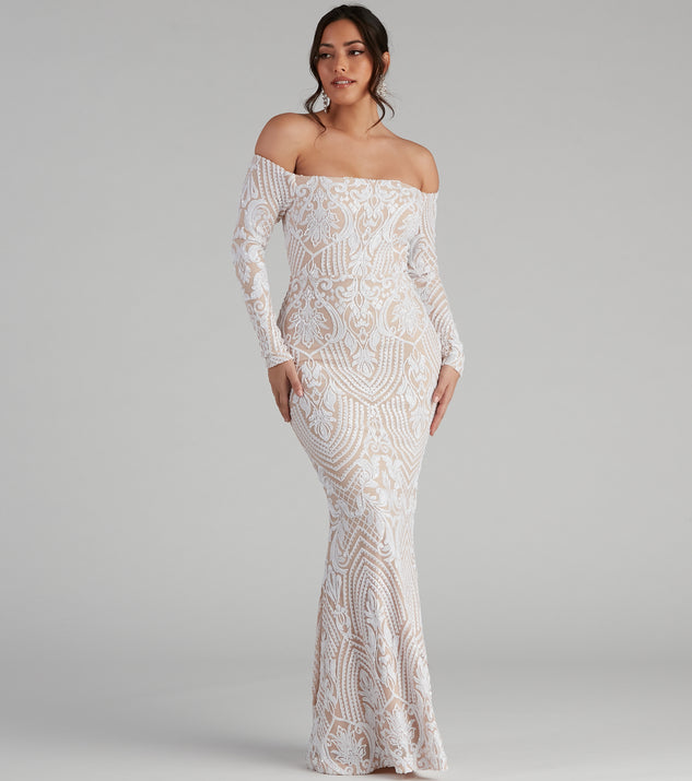 Sierra Sequin Off The Shoulder Formal Dress is a stunning choice for a bridesmaid dress or maid of honor dress, and to feel beautiful at Prom 2023, spring weddings, formals, & military balls!