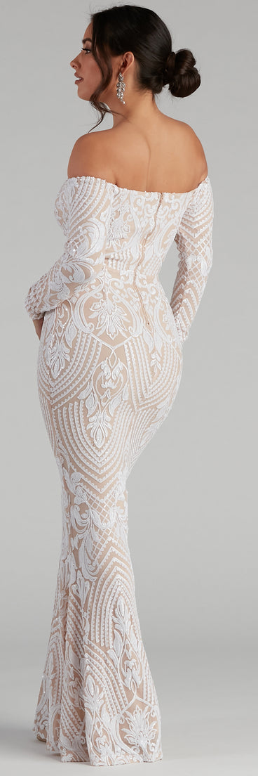 Sierra Sequin Off The Shoulder Formal Dress is a stunning choice for a bridesmaid dress or maid of honor dress, and to feel beautiful at Prom 2023, spring weddings, formals, & military balls!