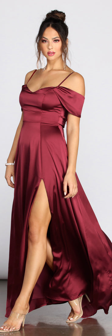 Kara Satin Off Shoulder Formal Gown creates the perfect summer wedding guest dress or cocktail party dresss with stylish details in the latest trends for 2023!