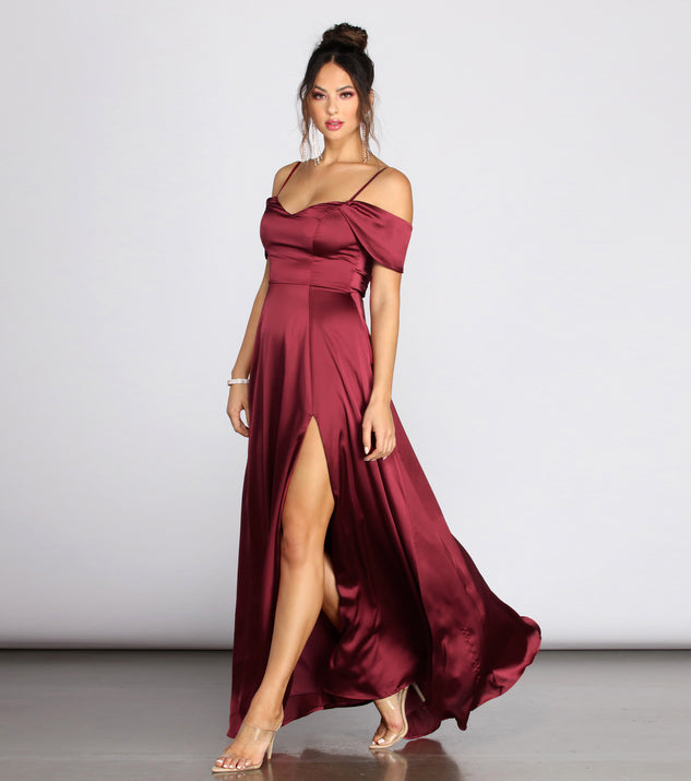 Kara Satin Off Shoulder Formal Gown creates the perfect summer wedding guest dress or cocktail party dresss with stylish details in the latest trends for 2023!
