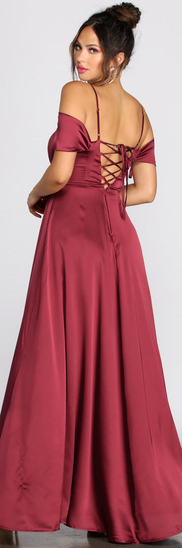 Kara Satin Off Shoulder Formal Gown creates the perfect summer wedding guest dress or cocktail party dresss with stylish details in the latest trends for 2023!