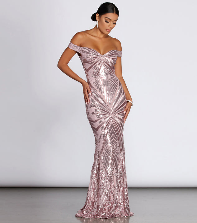Lilith Off-Shoulder Sequin Evening Gown creates the perfect summer wedding guest dress or cocktail party dresss with stylish details in the latest trends for 2023!