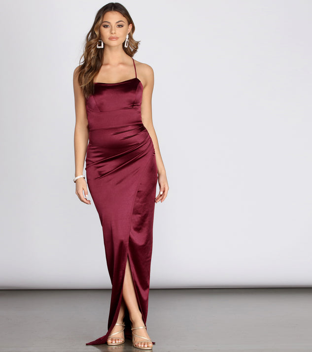 The Faye Lace Up Back Satin Dress is a gorgeous pick as your 2023 prom dress or formal gown for wedding guest, spring bridesmaid, or army ball attire!