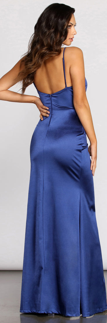 The Almira Satin Wrap Evening Gown is a gorgeous pick as your 2023 prom dress or formal gown for wedding guest, spring bridesmaid, or army ball attire!