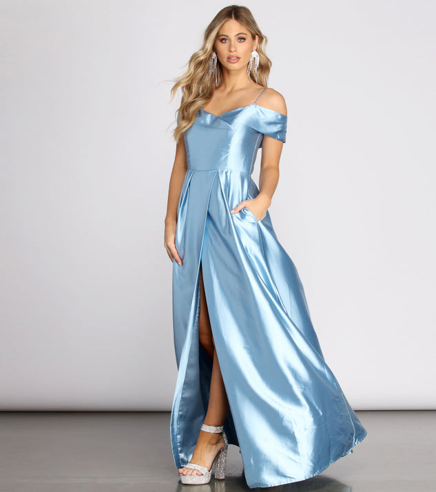 The Cecilia Satin Off Shoulder A-Line Dress is a gorgeous pick as your 2023 prom dress or formal gown for wedding guest, spring bridesmaid, or army ball attire!