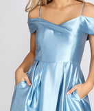 The Cecilia Satin Off Shoulder A-Line Dress is a gorgeous pick as your 2023 prom dress or formal gown for wedding guest, spring bridesmaid, or army ball attire!