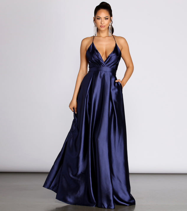 The Audrey Satin A-Line Dress is a gorgeous pick as your 2023 prom dress or formal gown for wedding guest, spring bridesmaid, or army ball attire!