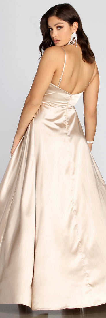 The Kristen Satin A-Line Evening Gown is a gorgeous pick as your 2023 prom dress or formal gown for wedding guest, spring bridesmaid, or army ball attire!