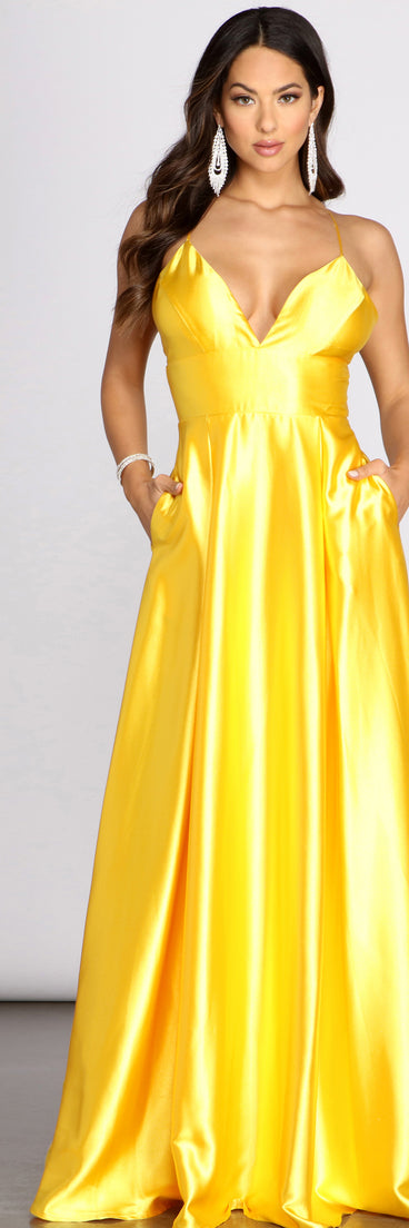 Maple Pleated Satin Cross Back Dress is a stunning choice for a bridesmaid dress or maid of honor dress, and to feel beautiful at Prom 2023, spring weddings, formals, & military balls!