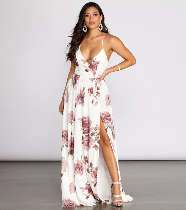 The Gal Lace Up Back Chiffon Floral A-Line Dress is a gorgeous pick as your 2023 prom dress or formal gown for wedding guest, spring bridesmaid, or army ball attire!