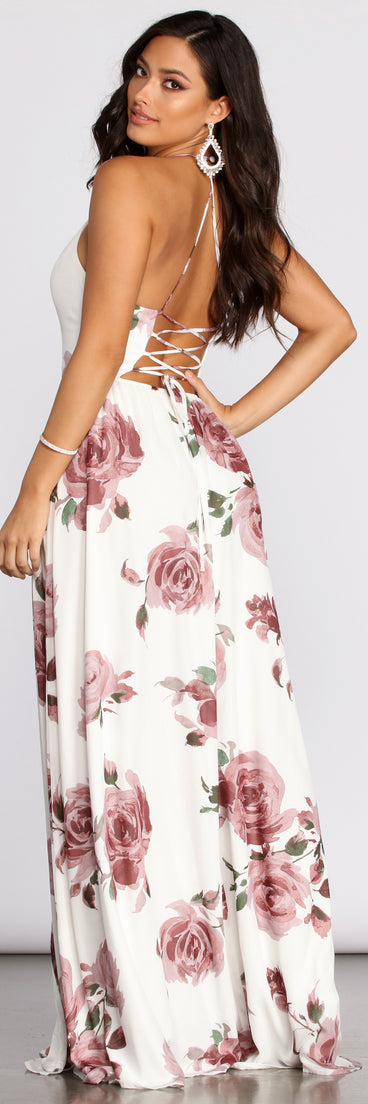 The Gal Lace Up Back Chiffon Floral A-Line Dress is a gorgeous pick as your 2023 prom dress or formal gown for wedding guest, spring bridesmaid, or army ball attire!