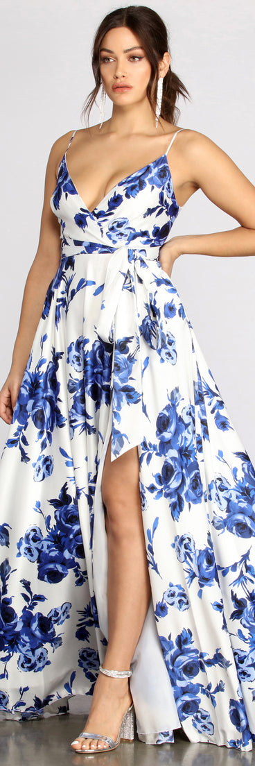 The Brielle Formal Floral Satin Dress is a gorgeous pick as your 2023 prom dress or formal gown for wedding guest, spring bridesmaid, or army ball attire!