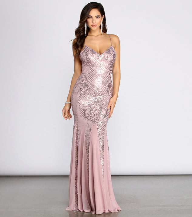 The Amelia Formal Sequin Scroll Dress is a gorgeous pick as your 2023 prom dress or formal gown for wedding guest, spring bridesmaid, or army ball attire!