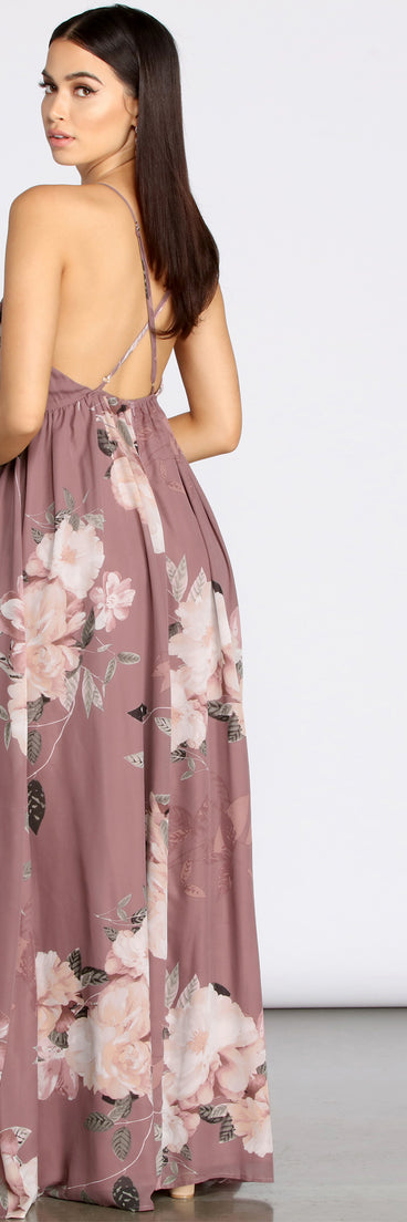 floral chiffon maxi dress for wedding Elisa Floral Chiffon Cross Back A-Line Dress