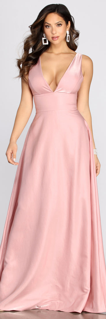 The Alexis Holographic Satin A-Line Dress is a gorgeous pick as your 2023 prom dress or formal gown for wedding guest, spring bridesmaid, or army ball attire!