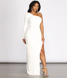 Paige One Sleeve Sequin Dress is a stunning choice for a bridesmaid dress or maid of honor dress, and to feel beautiful at Prom 2023, spring weddings, formals, & military balls!