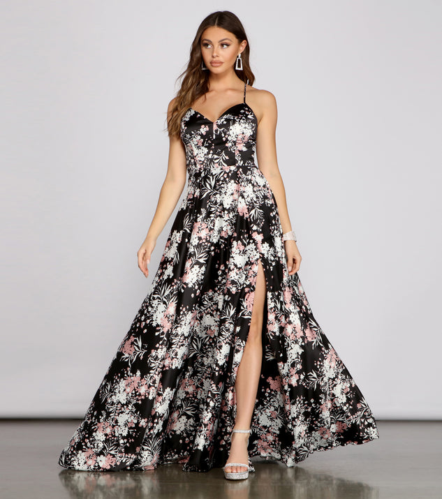 Eleanor Formal High Slit Floral Satin Dress creates the perfect summer wedding guest dress or cocktail party dresss with stylish details in the latest trends for 2023!