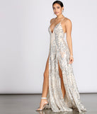 Keana Double Slit Scroll Sequin Dress is a stunning choice for a bridesmaid dress or maid of honor dress, and to feel beautiful at Prom 2023, spring weddings, formals, & military balls!