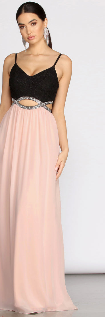 Tabia Rhinestone Infinity Trim A-Line Dress is a stunning choice for a bridesmaid dress or maid of honor dress, and to feel beautiful at Prom 2023, spring weddings, formals, & military balls!