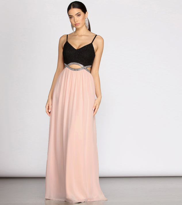 Tabia Rhinestone Infinity Trim A-Line Dress is a stunning choice for a bridesmaid dress or maid of honor dress, and to feel beautiful at Prom 2023, spring weddings, formals, & military balls!