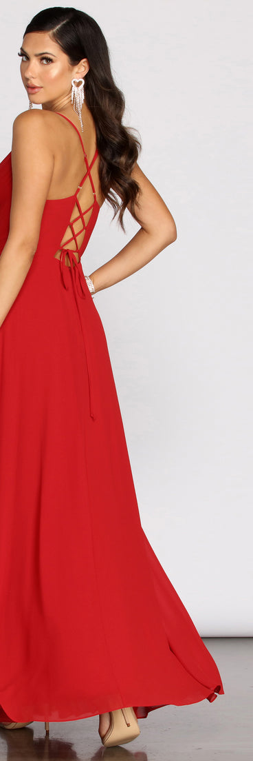 Kai Chiffon Lace Up Back A-Line Dress creates the perfect summer wedding guest dress or cocktail party dresss with stylish details in the latest trends for 2023!