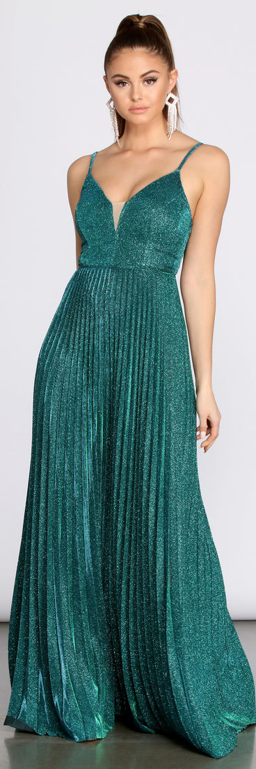 The Aida Glitter Shine Pleated A-Line Dress is a gorgeous pick as your 2023 prom dress or formal gown for wedding guest, spring bridesmaid, or army ball attire!