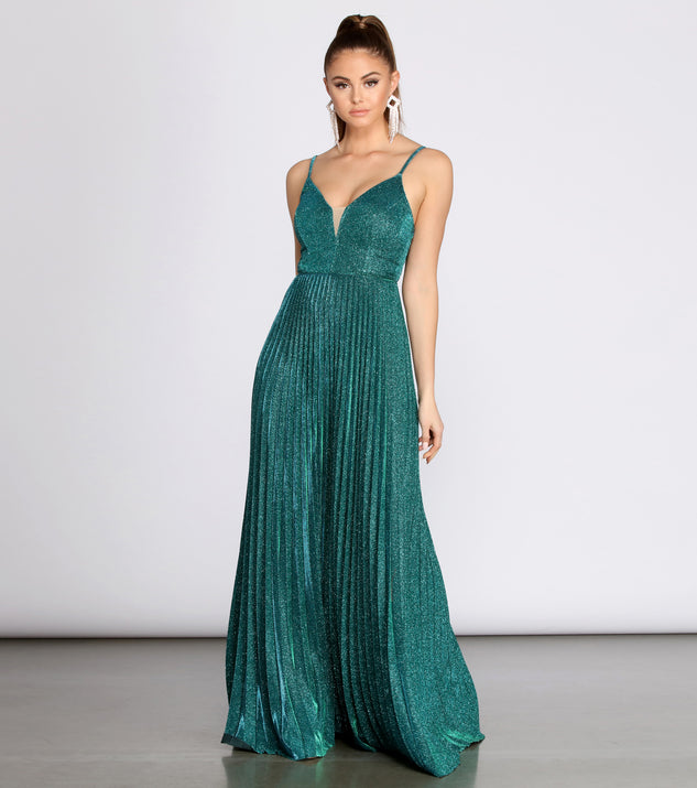 The Aida Glitter Shine Pleated A-Line Dress is a gorgeous pick as your 2023 prom dress or formal gown for wedding guest, spring bridesmaid, or army ball attire!