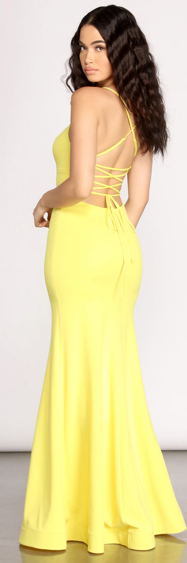 The Iva Crepe Lace Up Back Mermaid Dress is a gorgeous pick as your 2023 prom dress or formal gown for wedding guest, spring bridesmaid, or army ball attire!