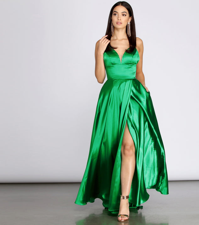 The Evalina Satin Lace Up Back A-Line Dress is a gorgeous pick as your 2023 prom dress or formal gown for wedding guest, spring bridesmaid, or army ball attire!