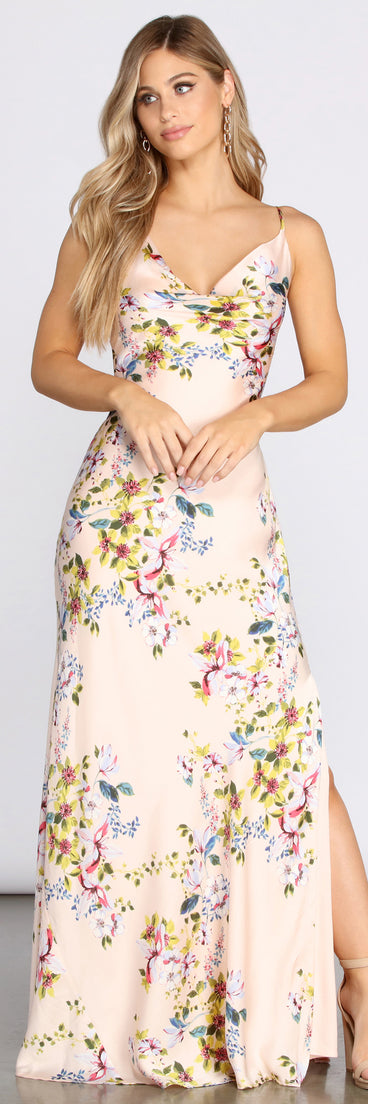 Elane Floral Satin Slip Gown creates the perfect summer wedding guest dress or cocktail party dresss with stylish details in the latest trends for 2023!