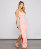 Liza Formal Ruched High Slit Dress is a stunning choice for a bridesmaid dress or maid of honor dress, and to feel beautiful at Prom 2023, spring weddings, formals, & military balls!