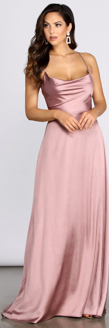 Tierra Cowl Neck Satin A-Line Dress is a stunning choice for a bridesmaid dress or maid of honor dress, and to feel beautiful at Prom 2023, spring weddings, formals, & military balls!