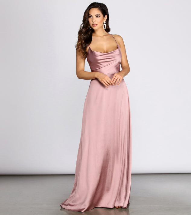 Tierra Cowl Neck Satin A-Line Dress is a stunning choice for a bridesmaid dress or maid of honor dress, and to feel beautiful at Prom 2023, spring weddings, formals, & military balls!