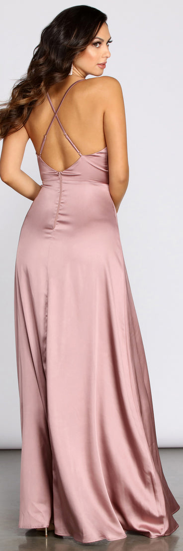 Tierra Cowl Neck Satin A-Line Dress is a stunning choice for a bridesmaid dress or maid of honor dress, and to feel beautiful at Prom 2023, spring weddings, formals, & military balls!