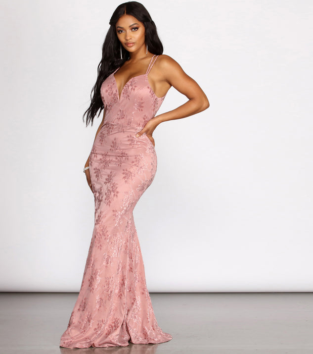 Mia Formal Velvet Burnout Dress is a stunning choice for a bridesmaid dress or maid of honor dress, and to feel beautiful at Prom 2023, spring weddings, formals, & military balls!