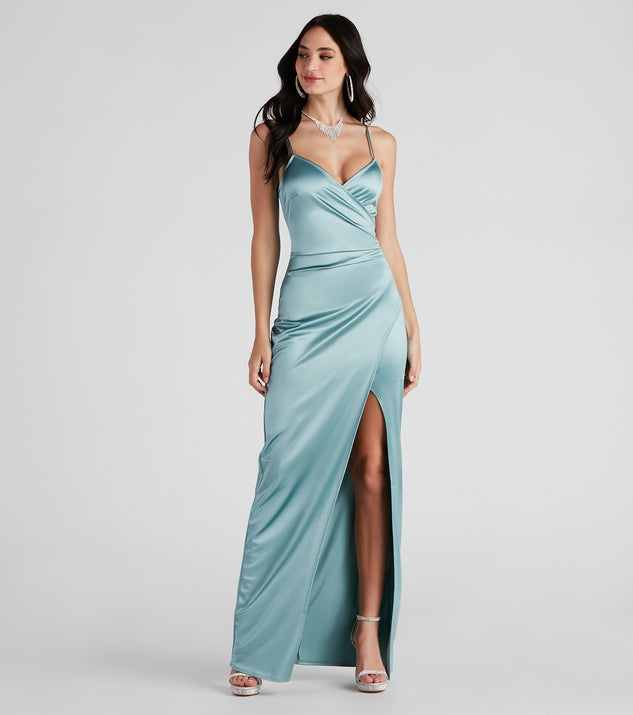 Jolina Wrap Skirt Satin Dress is a gorgeous pick as your 2024 prom dress or formal gown for wedding guests, spring bridesmaids, or army ball attire!