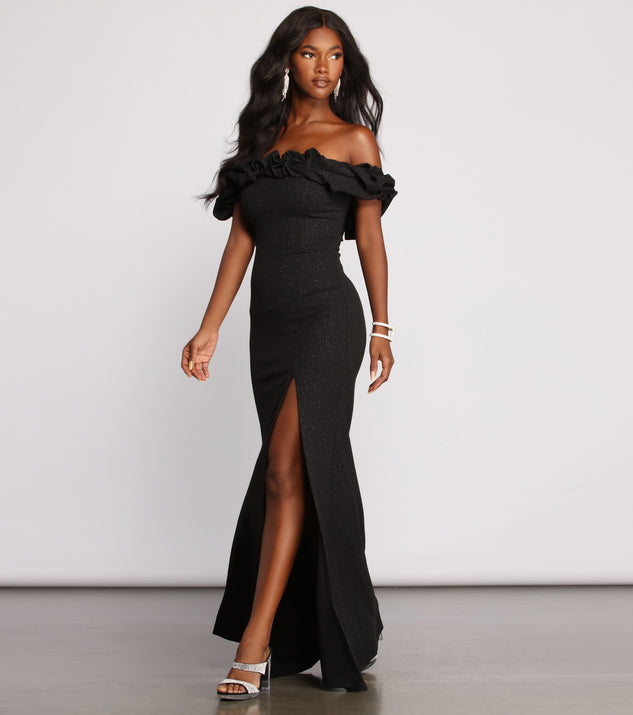 The Clarissa Glitter Crepe Ruffle Off The Shoulder Dress is a gorgeous pick as your 2023 prom dress or formal gown for wedding guest, spring bridesmaid, or army ball attire!