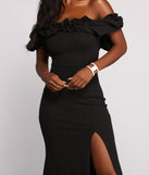 The Clarissa Glitter Crepe Ruffle Off The Shoulder Dress is a gorgeous pick as your 2023 prom dress or formal gown for wedding guest, spring bridesmaid, or army ball attire!
