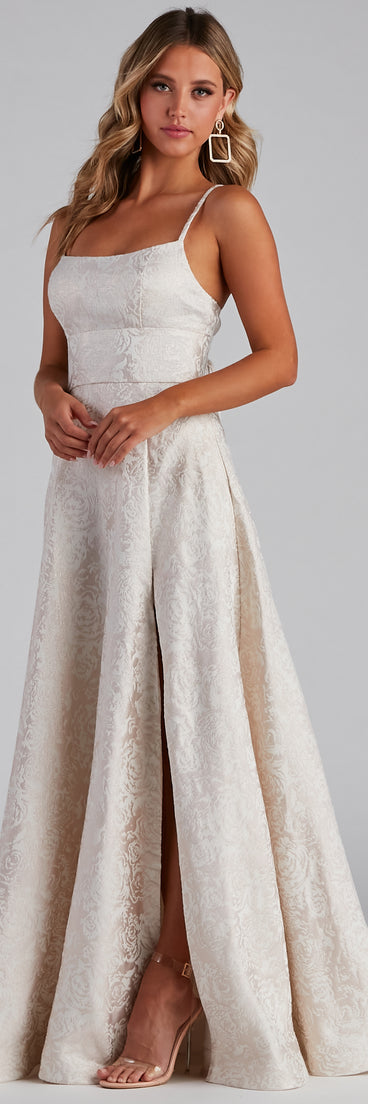 Adalyn Brocade High Slit Dress is a gorgeous pick as your summer formal dress for wedding guests, bridesmaids, or military birthday ball attire!