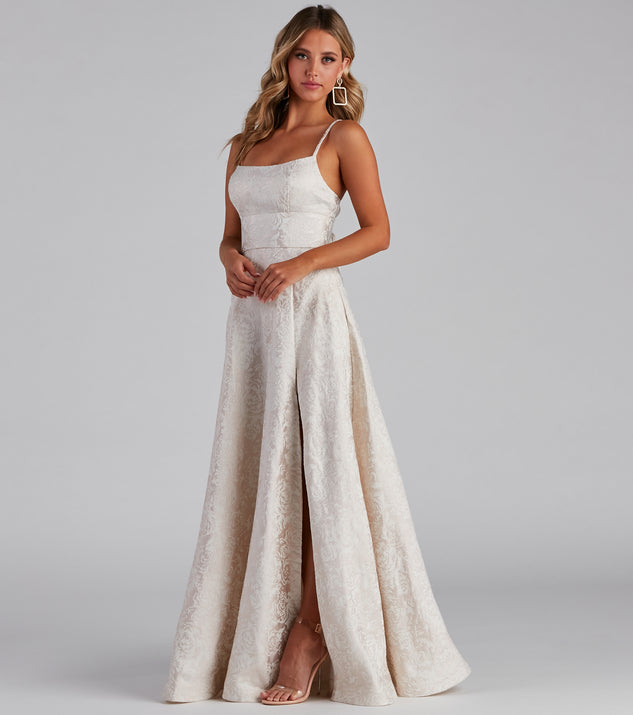 Adalyn Brocade High Slit Dress is a gorgeous pick as your summer formal dress for wedding guests, bridesmaids, or military birthday ball attire!
